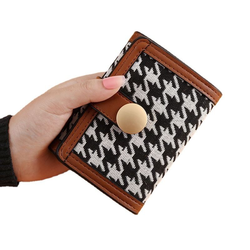 Nieuwe Dames Trifold Houndstooth Canvas Portemonnee Korte Gesp Lange Koppeling Multifunctionele