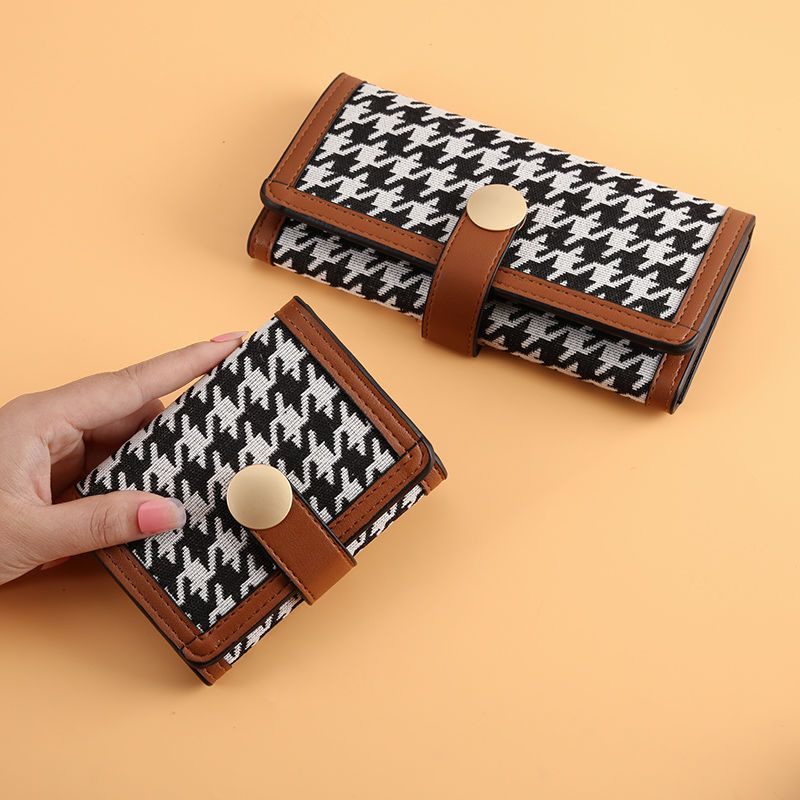 Nieuwe Dames Trifold Houndstooth Canvas Portemonnee Korte Gesp Lange Koppeling Multifunctionele