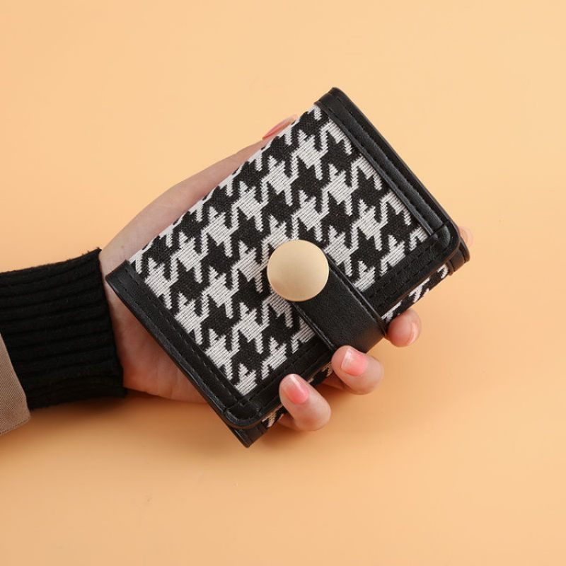 Nieuwe Dames Trifold Houndstooth Canvas Portemonnee Korte Gesp Lange Koppeling Multifunctionele