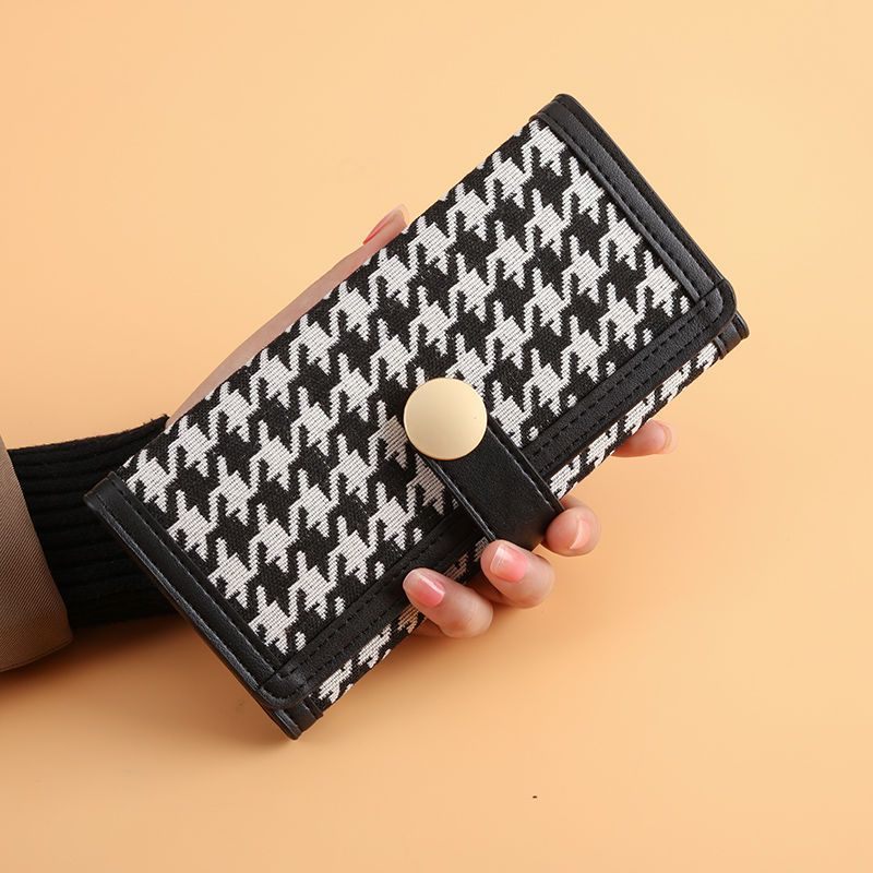 Nieuwe Dames Trifold Houndstooth Canvas Portemonnee Korte Gesp Lange Koppeling Multifunctionele