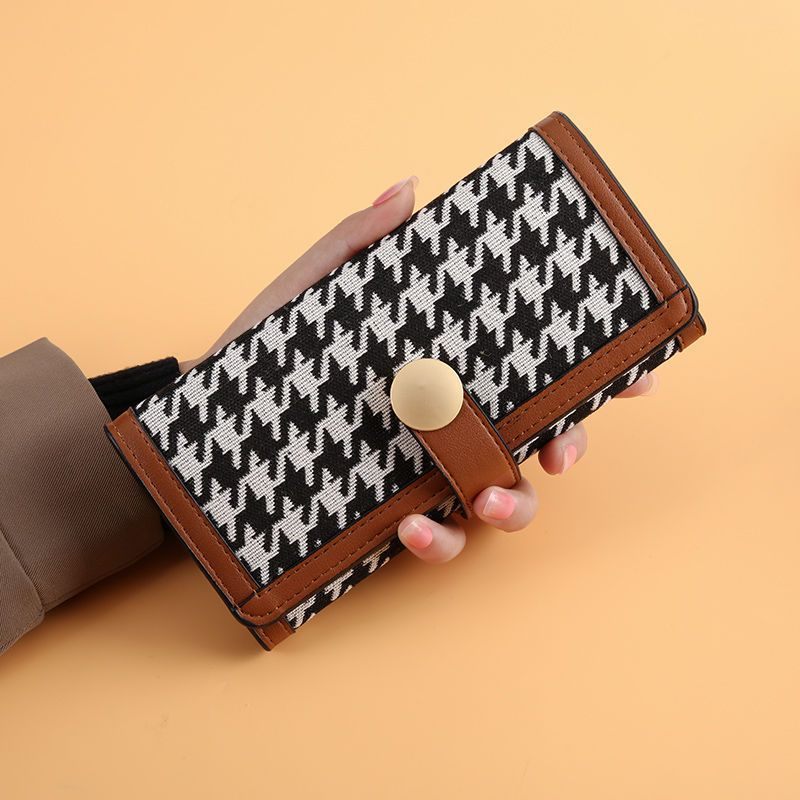 Nieuwe Dames Trifold Houndstooth Canvas Portemonnee Korte Gesp Lange Koppeling Multifunctionele