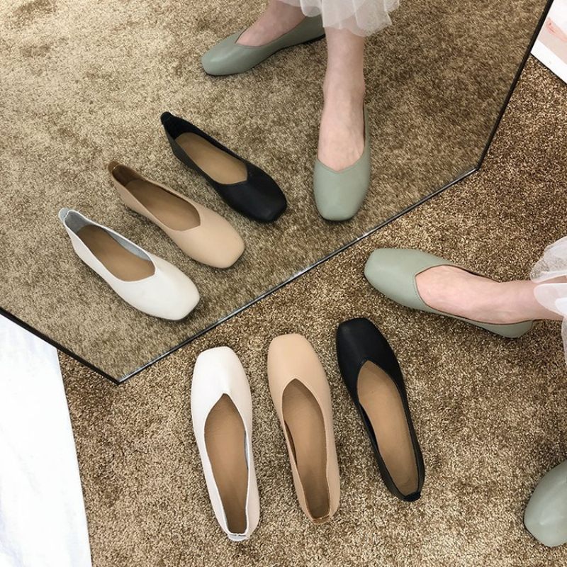 Baotou Vierkante Neus Platte Schoenen Vrouwen Ondiepe Mond Zachte Zool Hak Erwten Slip-on Lente En Herfst