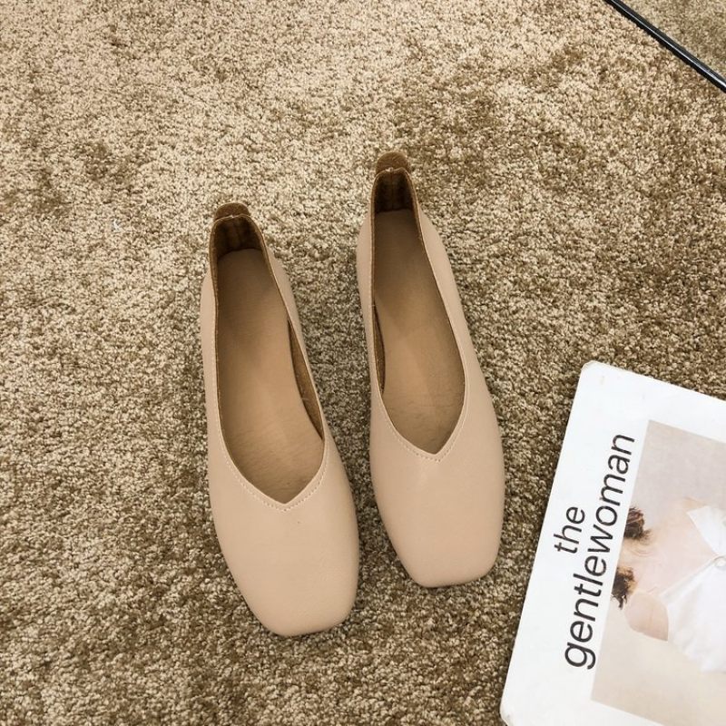 Baotou Vierkante Neus Platte Schoenen Vrouwen Ondiepe Mond Zachte Zool Hak Erwten Slip-on Lente En Herfst