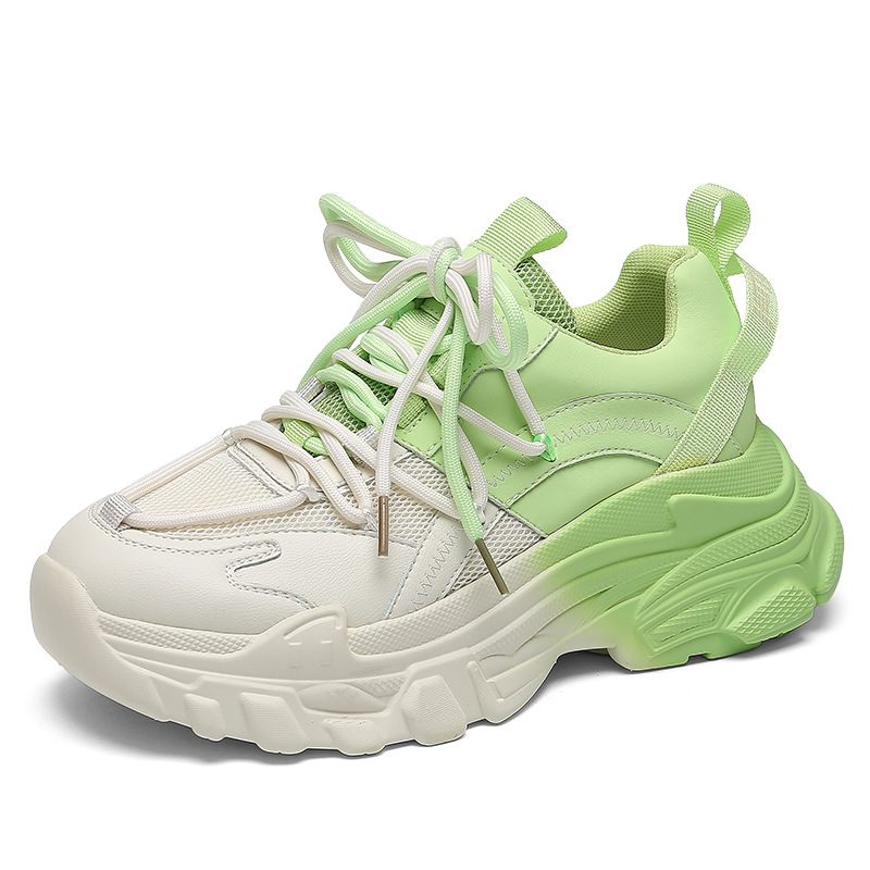 Dikke Zolen Dames 2024 Lente Nieuw Leer Groen Contrasterend Kleurverloop Sport Casual Schoenen