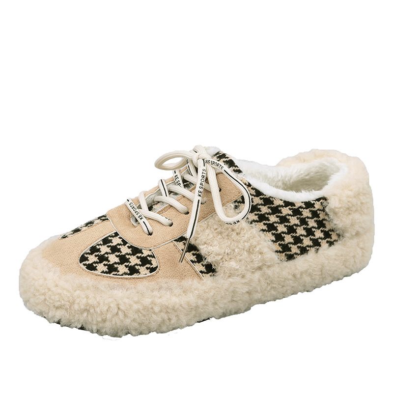 Houndstooth Bontschoenen Brood Katoenen Schoenen Winter Plus Fluwelen 2024 Nieuwe Platte Erwten