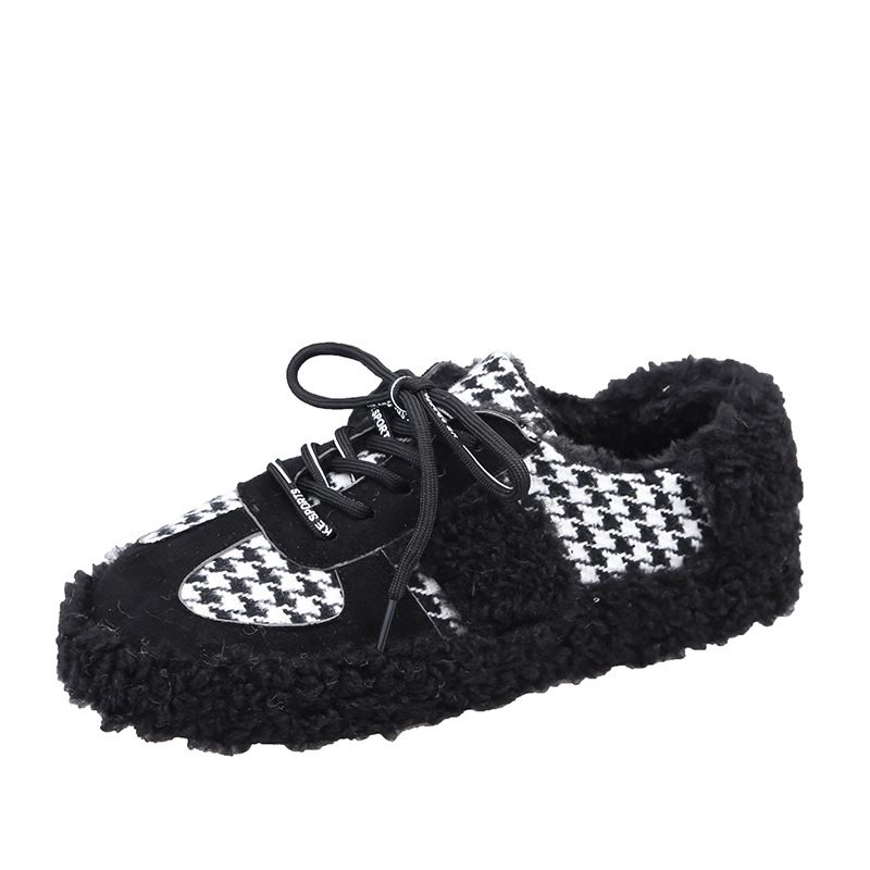 Houndstooth Bontschoenen Brood Katoenen Schoenen Winter Plus Fluwelen 2024 Nieuwe Platte Erwten