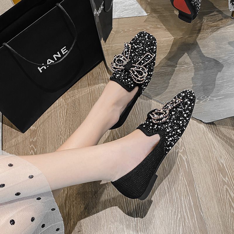 Platte Schoenen Dames 2024 Lente Nieuwe Boog Elegante Strass Instapper Erwten