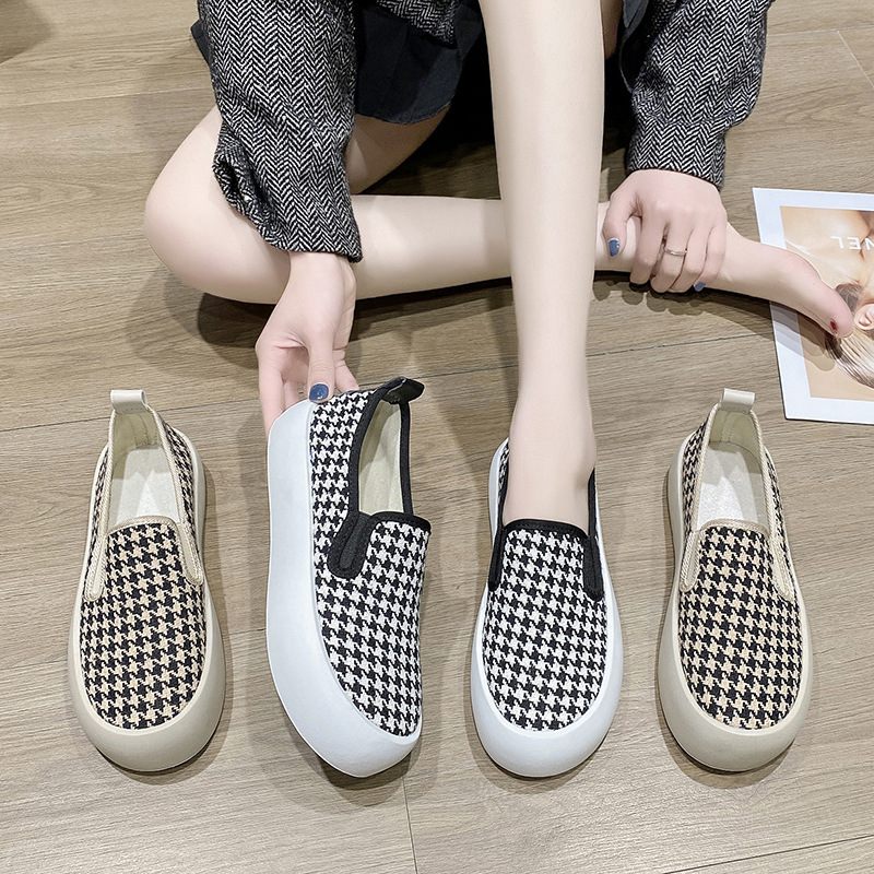 Slip-on Dikke Zolen Erwten Schoenen Dames 2024 Lente Nieuwe Mode Geruite Comfortabele Casual Platte