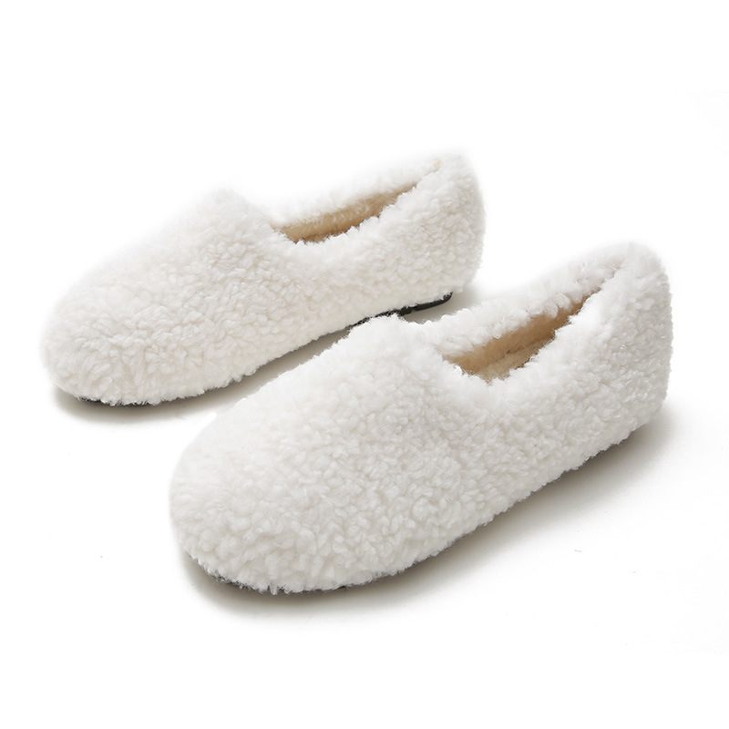 Witte Wollen Damesschoenen Winter Nieuwe Stijl Pluche Lamswol Casual Platte Erwten Schoenen