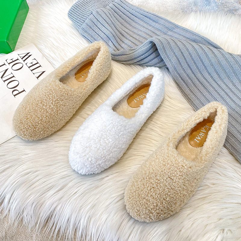 Witte Wollen Damesschoenen Winter Nieuwe Stijl Pluche Lamswol Casual Platte Erwten Schoenen