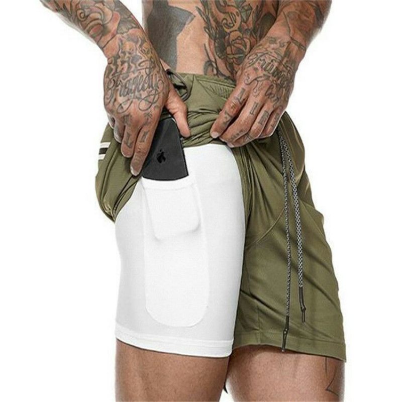 Heren Casual Dubbellaagse Shorts Outdoor Fitness Ademende Effen Kleur Sport