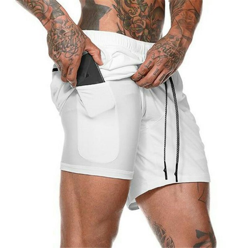 Heren Casual Dubbellaagse Shorts Outdoor Fitness Ademende Effen Kleur Sport