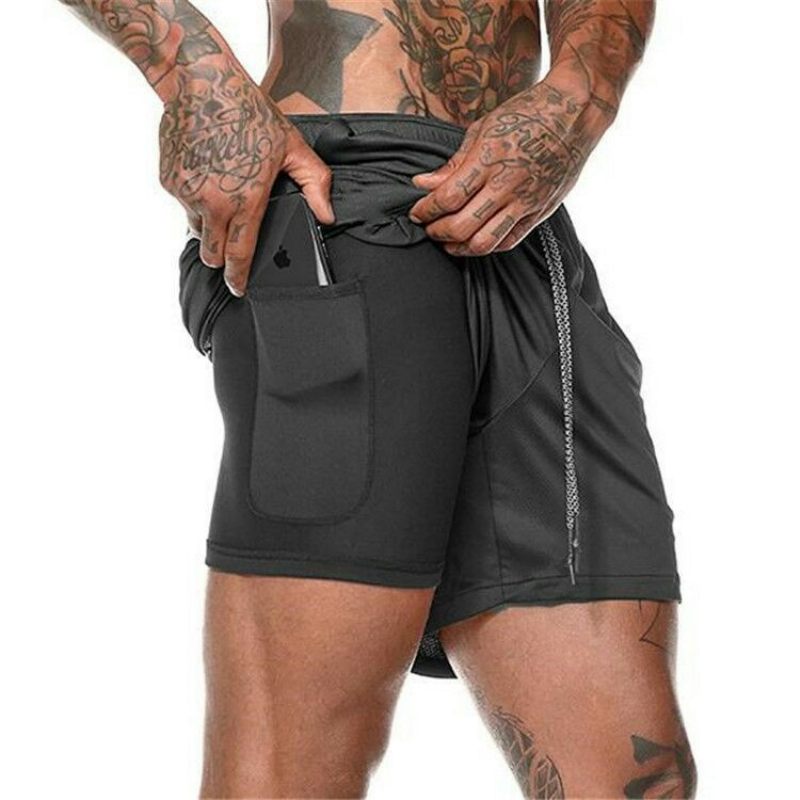 Heren Casual Dubbellaagse Shorts Outdoor Fitness Ademende Effen Kleur Sport