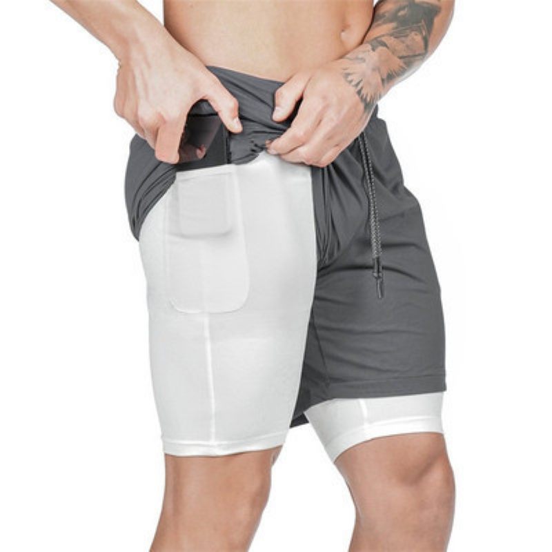 Heren Casual Dubbellaagse Shorts Outdoor Fitness Ademende Effen Kleur Sport