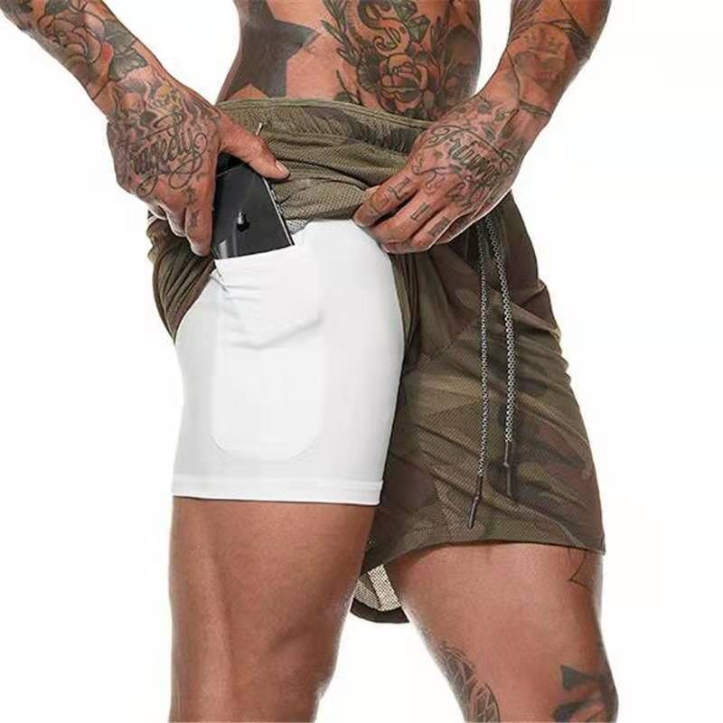 Heren Casual Dubbellaagse Shorts Outdoor Fitness Ademende Effen Kleur Sport