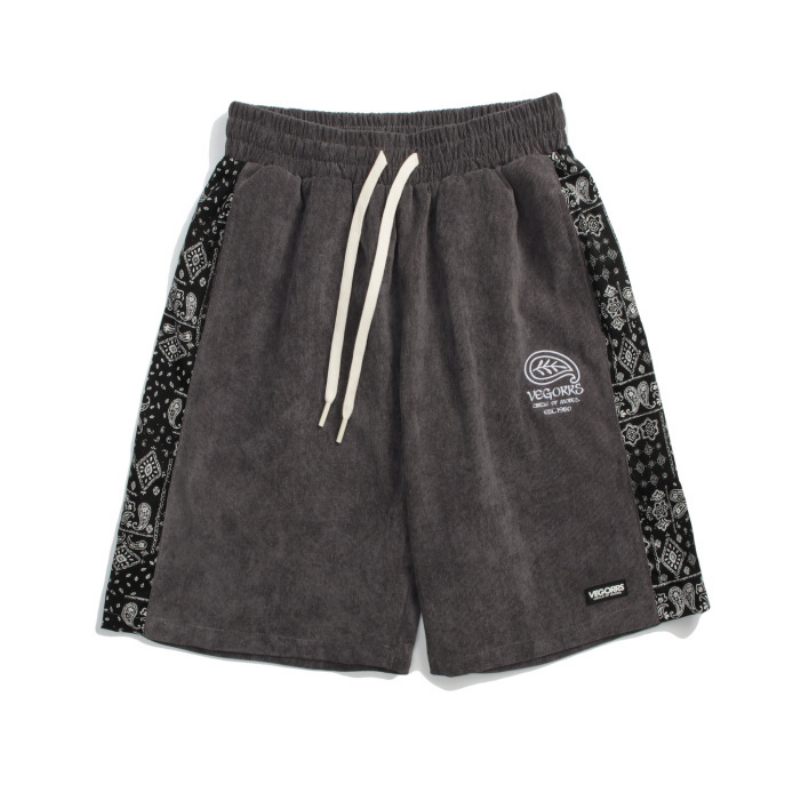 Retro Cashew Bloem Stiksels Shorts Mannen Losse Wijde Pijpen Corduroy Casual Vijf Punten