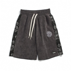 Retro Cashew Bloem Stiksels Shorts Mannen Losse Wijde Pijpen Corduroy Casual Vijf Punten