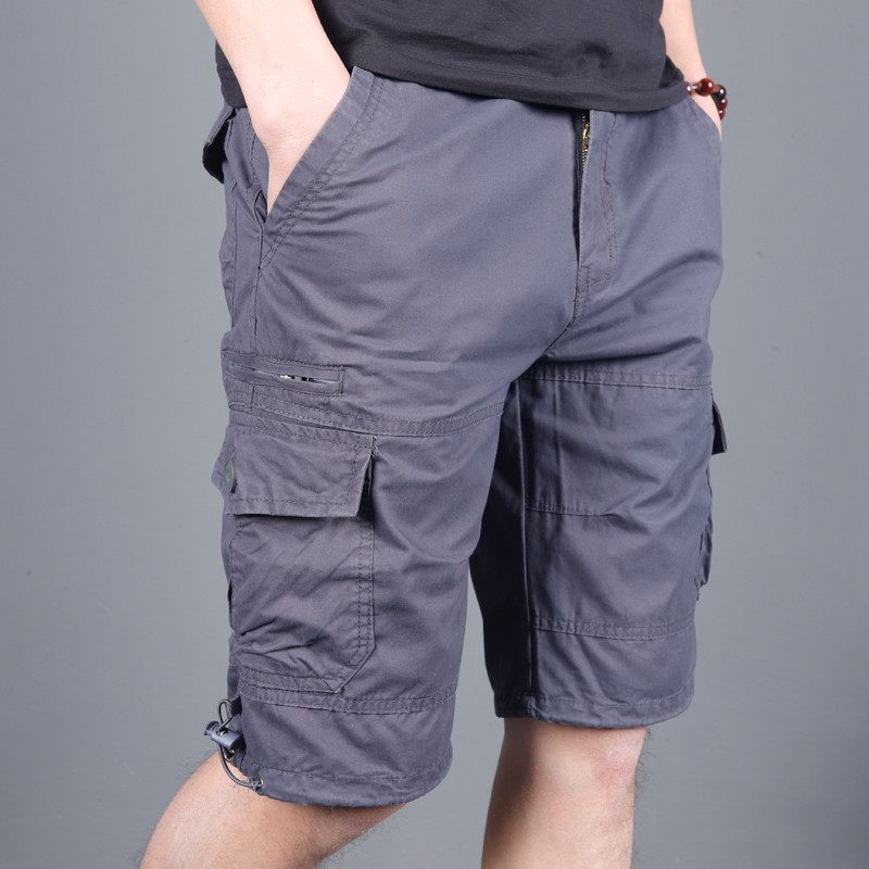 Zomer Heren Losse Casual Vijfpuntsbroek Multi-pocket Tooling Kleine Ritssluiting Elastische Taille