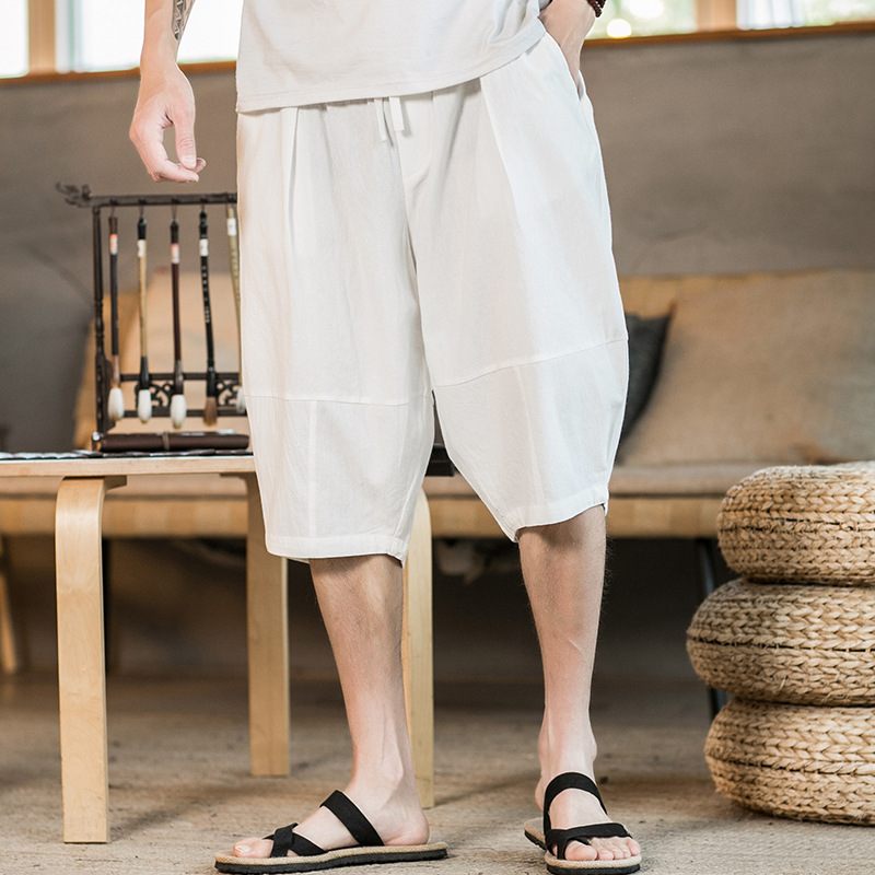 Zomer Nieuwe Heren Losse Shorts Ademende Casual Katoenen Linnen Broek Met Wijde Pijpen