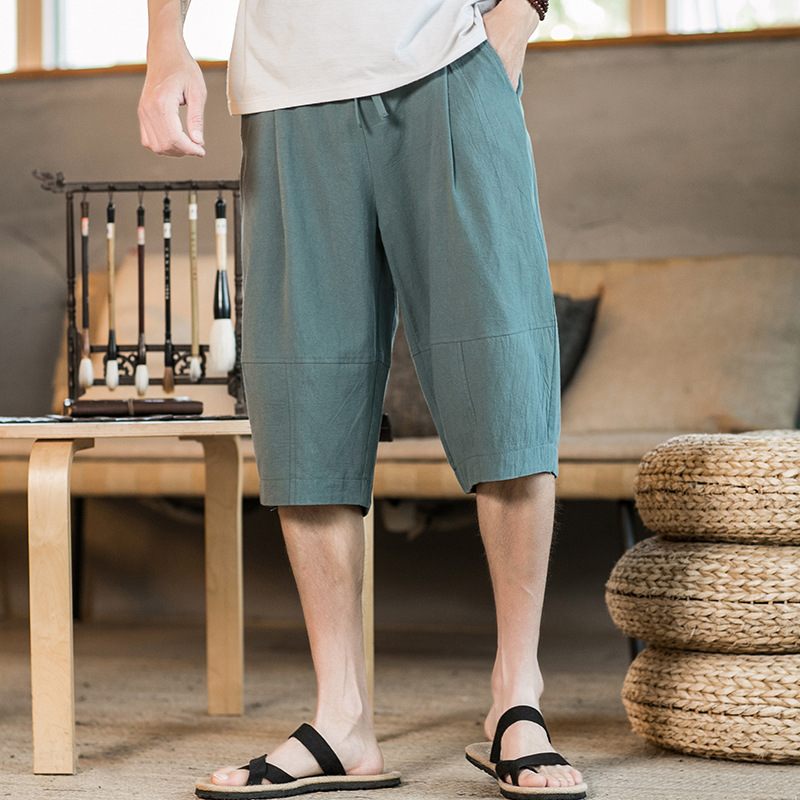 Zomer Nieuwe Heren Losse Shorts Ademende Casual Katoenen Linnen Broek Met Wijde Pijpen