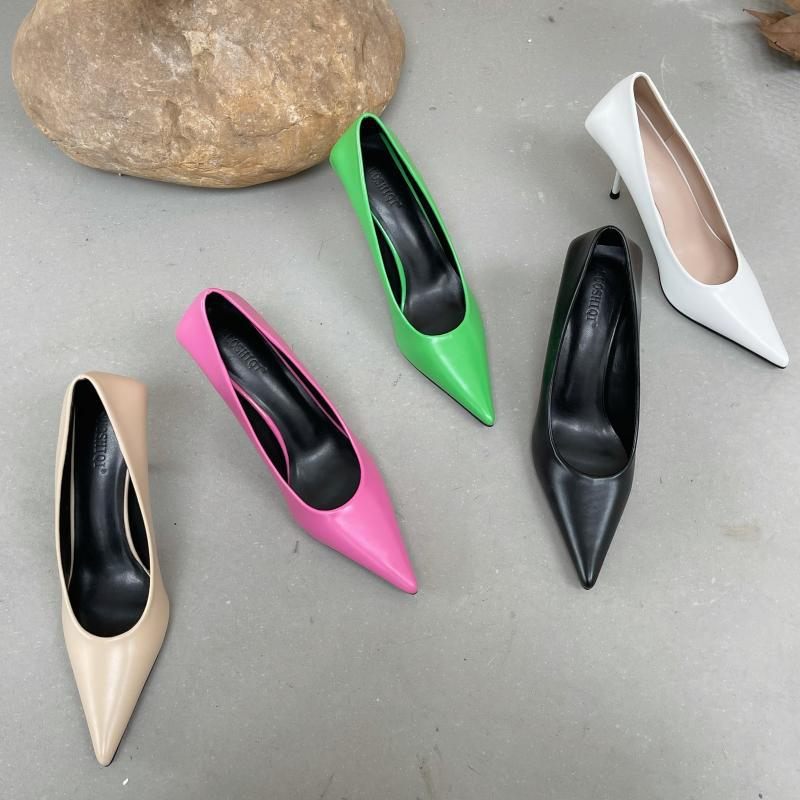 2024 Lente En Zomer Puntige Neus Stiletto Schoenen Snoep Pigment Oppervlak Ondiepe Mond Platte Werkschoenen Voor Dames