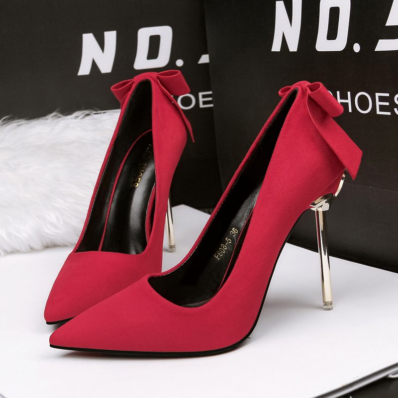 608-5 Mode Suede Puntschoen Strik Ondiepe Mond Stiletto Sexy Hoge Hakken Damesschoenen