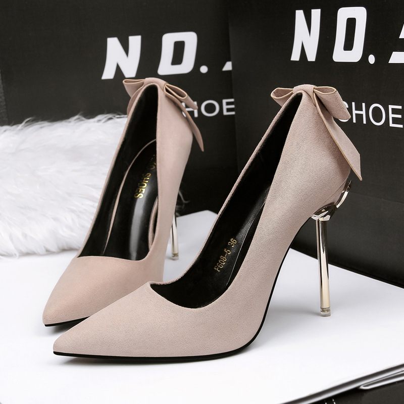 608-5 Mode Suede Puntschoen Strik Ondiepe Mond Stiletto Sexy Hoge Hakken Damesschoenen