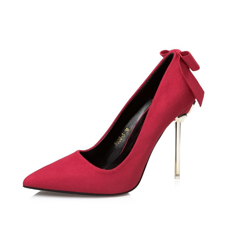 608-5 Mode Suede Puntschoen Strik Ondiepe Mond Stiletto Sexy Hoge Hakken Damesschoenen