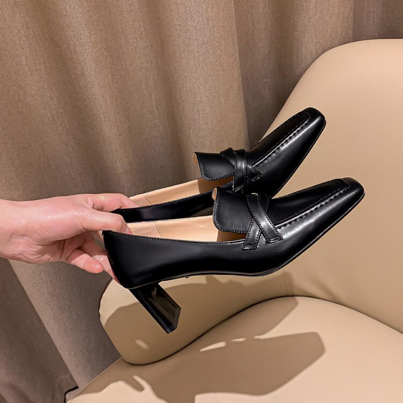 Damesschoenen Met Hoge Hakken Nieuwe Lederen Middenmond Vierkante Neus Loafers Zacht Leer Abrikoos Dikke Hak Platte Schoenen Voor Dames