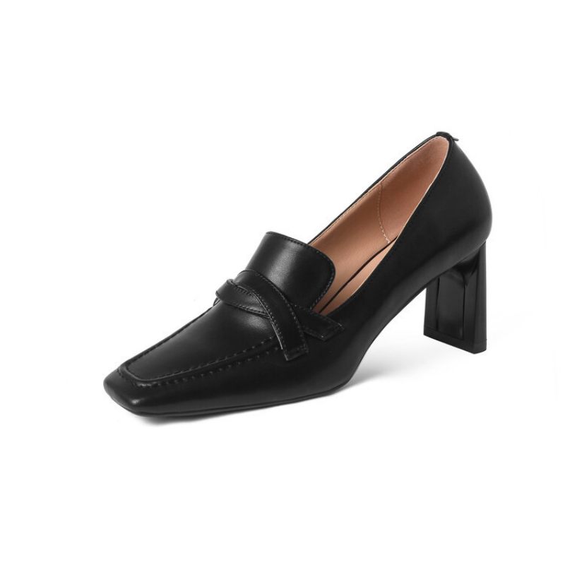 Damesschoenen Met Hoge Hakken Nieuwe Lederen Middenmond Vierkante Neus Loafers Zacht Leer Abrikoos Dikke Hak Platte Schoenen Voor Dames