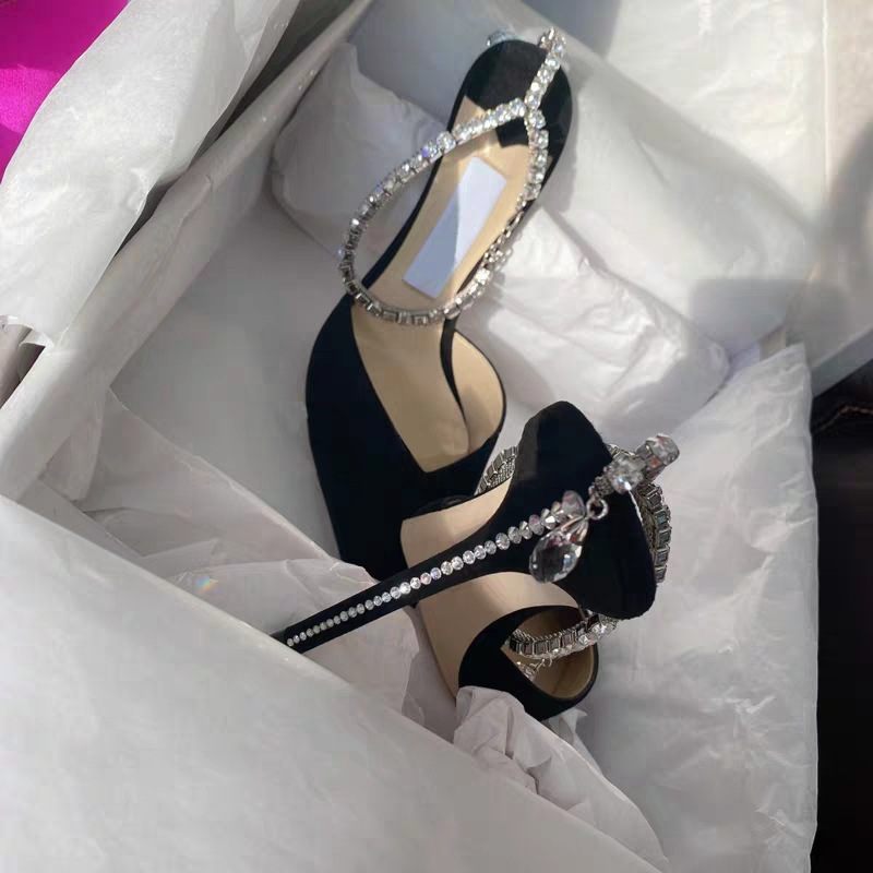 Een Woord Gesp Strass Sandalen Vrouwen Zomer Nieuwe Spitse Neus Stiletto Hoge Hakken Ondiepe Mond Platte Schoenen