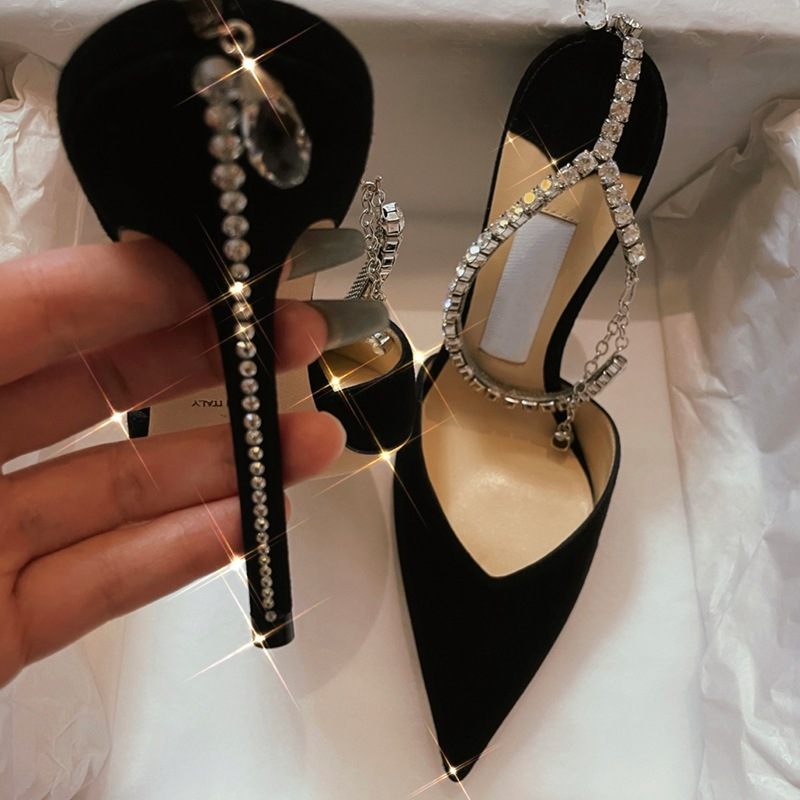 Een Woord Gesp Strass Sandalen Vrouwen Zomer Nieuwe Spitse Neus Stiletto Hoge Hakken Ondiepe Mond Platte Schoenen