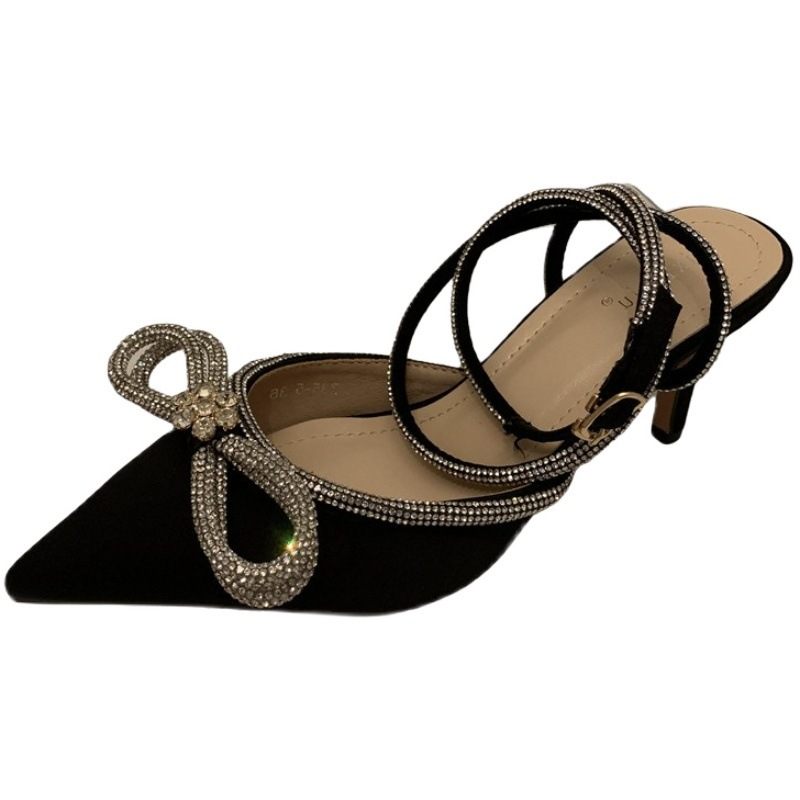 Hakken Stiletto Vrouwen Strik Strappy Strass Baotou Transparante Spitse Neus Sandalen Met Hoge