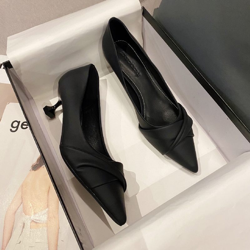 Halfhoge Hak Hoge Hakken Platte Schoenen Zacht Leer Dames Stiletto 2024 Nieuwe Spitse Neus Ondiepe Mond Damesschoenen