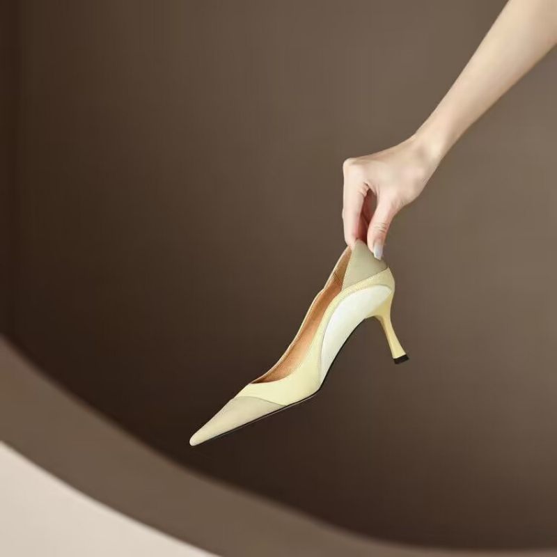 Kleurblok Puntige Schoenen Met Hoge Hakken Dames Platte 2024 Lente En Zomer Nieuwe Mode Temperament Stiletto Geklede