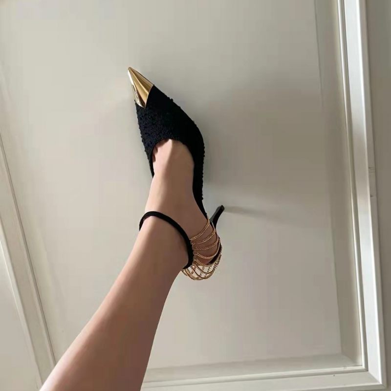 Lente Nieuwe Zwarte Schoenen Met Hoge Hakken Sexy Puntige Gouden Geweven Stiletto Platte