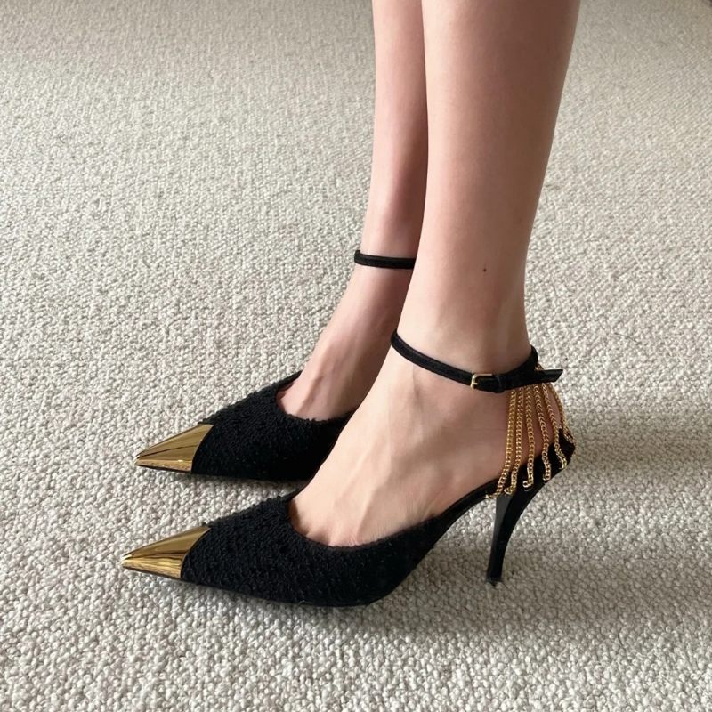 Lente Nieuwe Zwarte Schoenen Met Hoge Hakken Sexy Puntige Gouden Geweven Stiletto Platte