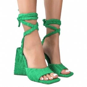 Nieuwe Vierkante Teen Chunky Hoge Hakken Sexy Sandalen Vrouwen Grote Maat Enkelband Riem Handdoek