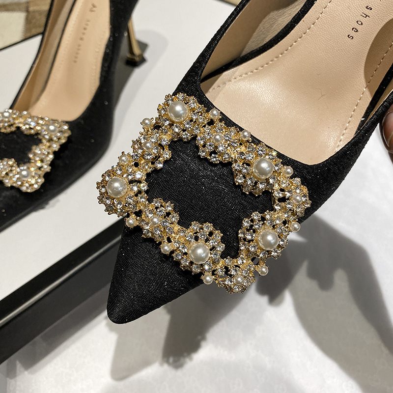 Vrouwen Schoenen Met Hoge Hakken Nieuwe Puntschoen Ondiepe Mond Damesschoenen Strass Vierkante Gesp Elegante Stiletto Platte Voor