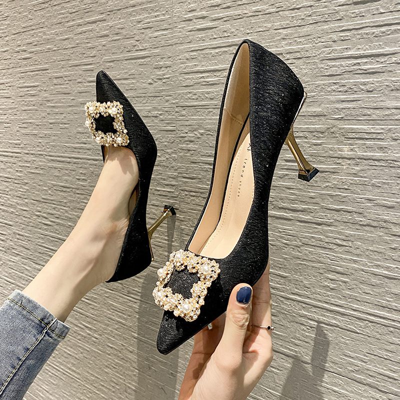 Vrouwen Schoenen Met Hoge Hakken Nieuwe Puntschoen Ondiepe Mond Damesschoenen Strass Vierkante Gesp Elegante Stiletto Platte Voor