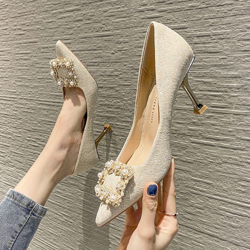 Vrouwen Schoenen Met Hoge Hakken Nieuwe Puntschoen Ondiepe Mond Damesschoenen Strass Vierkante Gesp Elegante Stiletto Platte Voor