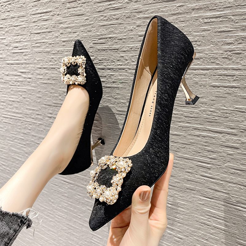 Vrouwen Schoenen Met Hoge Hakken Nieuwe Puntschoen Ondiepe Mond Damesschoenen Strass Vierkante Gesp Elegante Stiletto Platte Voor