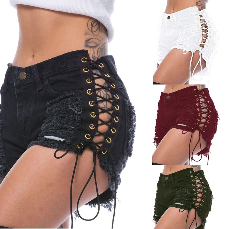 Dames Denim Shorts Ripped Side Stretch Hotpants