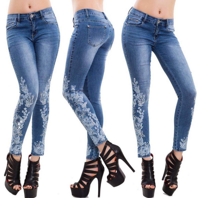 Dames High Stretch Skinny Jeans Geborduurd Slim Fit Blauw