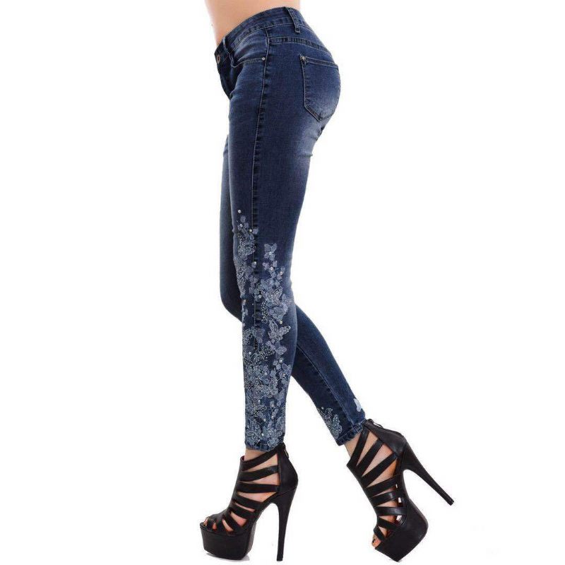 Dames High Stretch Skinny Jeans Geborduurd Slim Fit Blauw