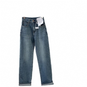 Dames Jeans Broek Met Rechte Pijpen Hoge Taille Blauwe Stretch