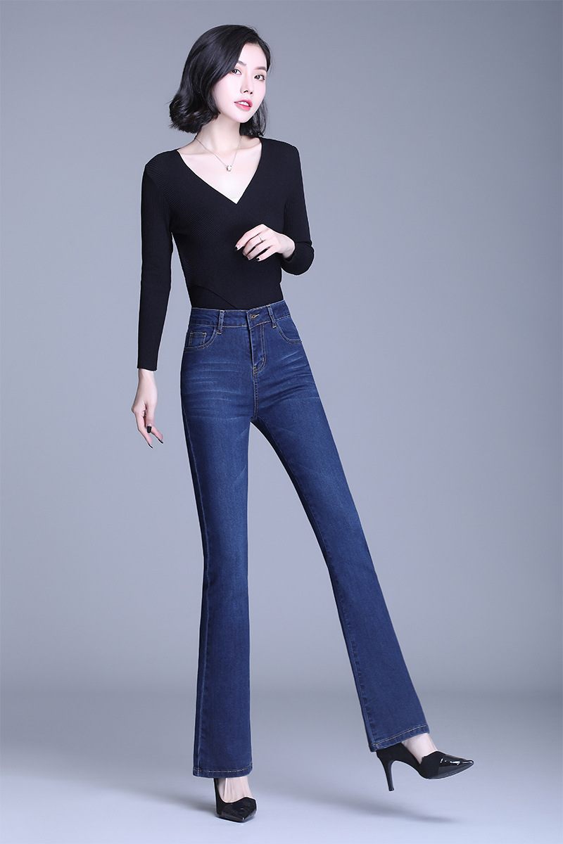 Damesjeans Blauwe Uitlopende Broek Hoge Taille Slim Fit Wijde Pijpen