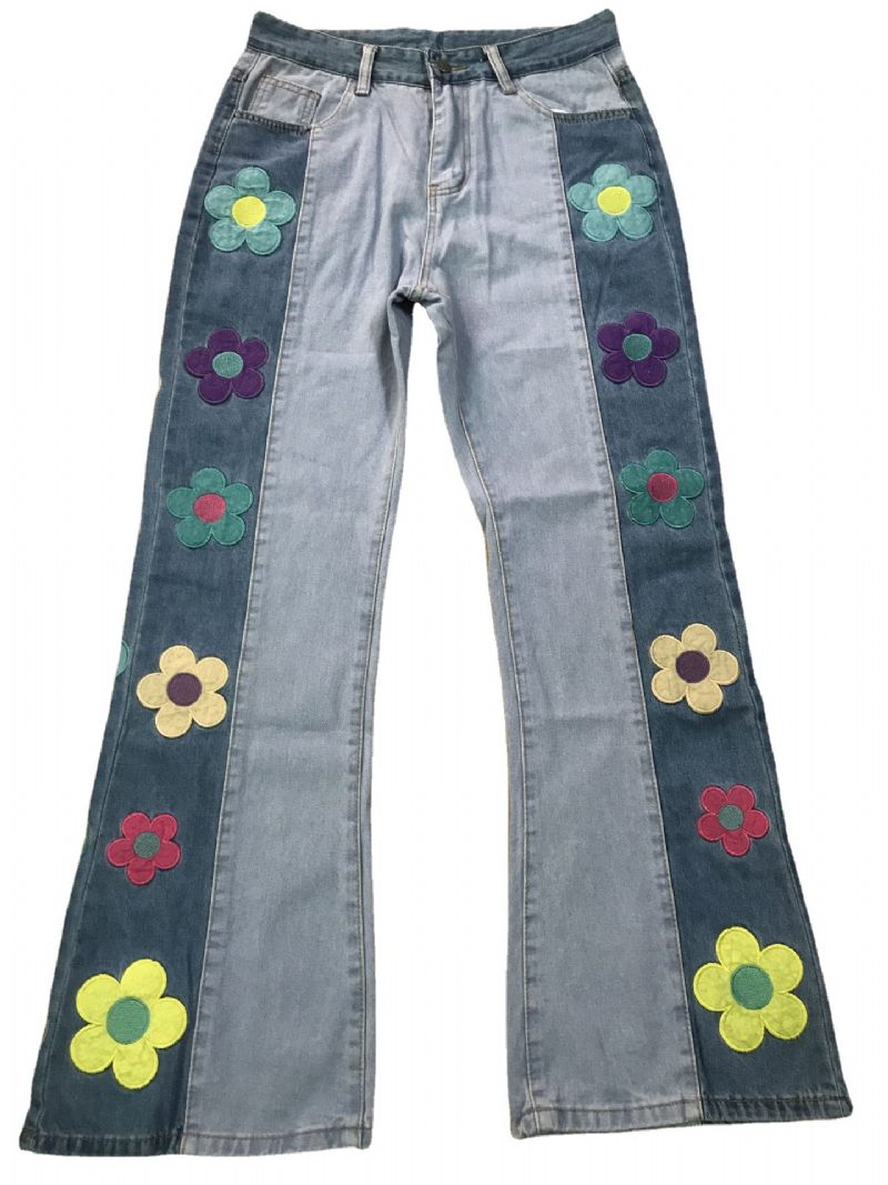 Damesjeans Colorblock-broek Met Zijborduurwerk En Bloemen Hoge Taille Bootcut-broek