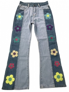 Damesjeans Colorblock-broek Met Zijborduurwerk En Bloemen Hoge Taille Bootcut-broek