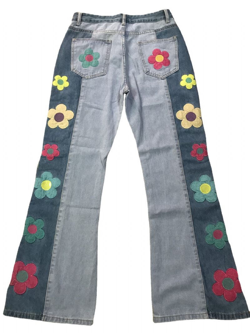 Damesjeans Colorblock-broek Met Zijborduurwerk En Bloemen Hoge Taille Bootcut-broek